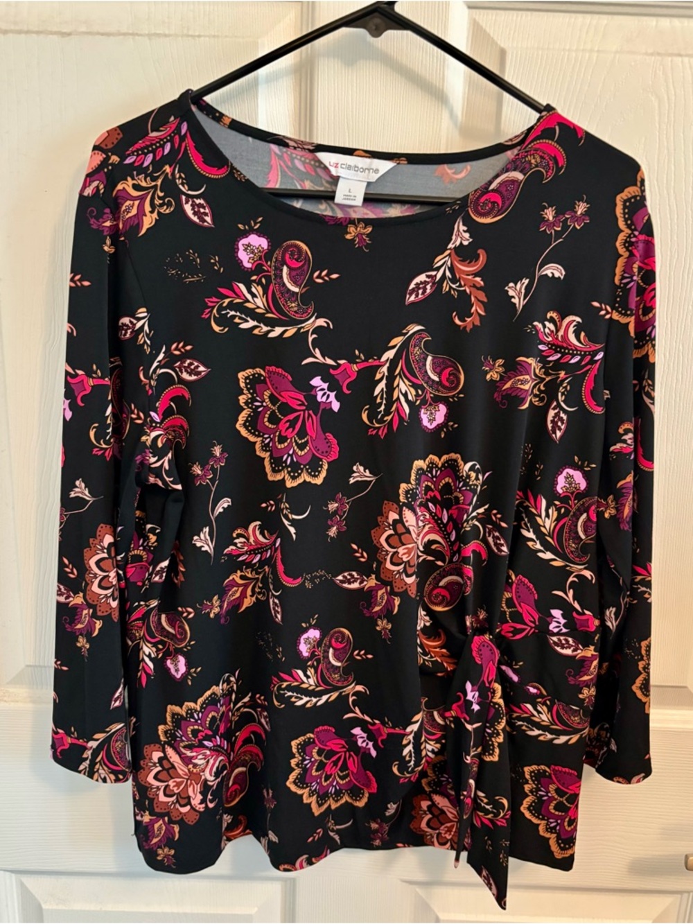 Liz Claiborne Black Long-Sleeve Paisley Top with Pink & Brown Accents - EUC